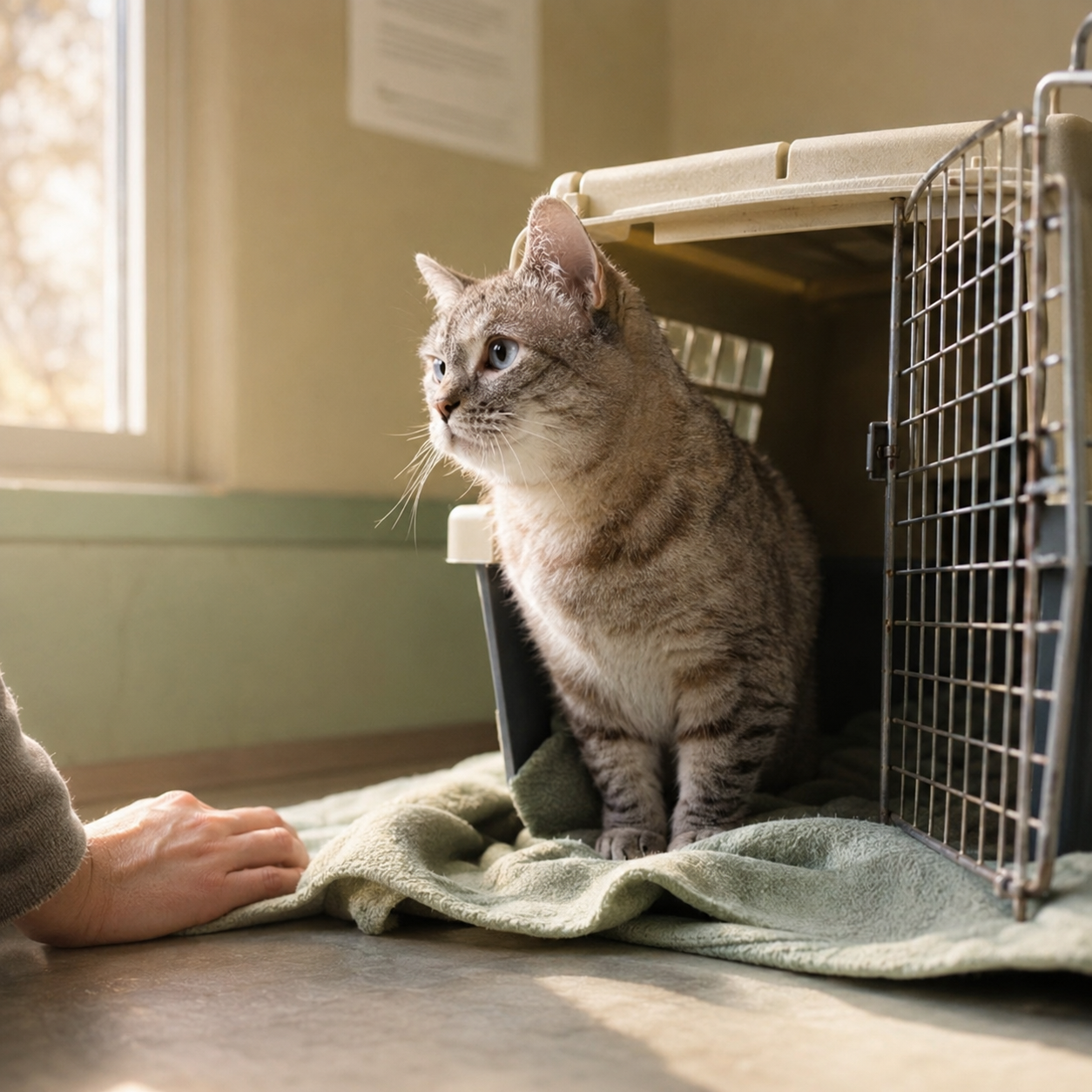 A grey tabby cat sits on a folded green towel just outside an open shelter carrier, looking toward a sunlit window while a person rests a hand on the floor nearby.