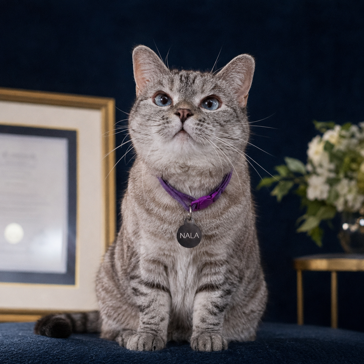 Nala Cat sitting upright against a deep navy backdrop wearing a purple collar with a name tag, a gold picture frame and white flowers softly out of focus behind her.