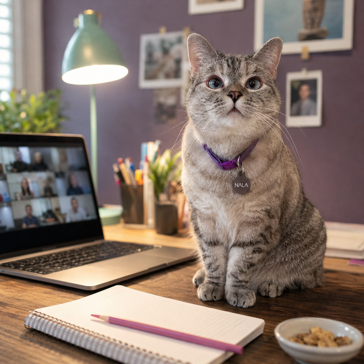 Nala Cat sitting on a wooden desk beside an open laptop showing a video call grid, with a green desk lamp, a notebook, a pencil and a small bowl of treats.