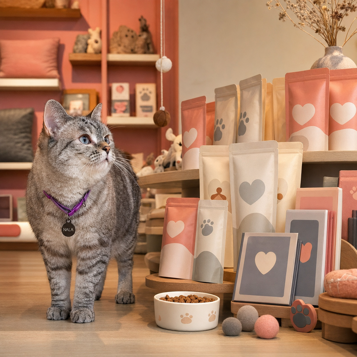 Nala Cat standing in a warm coral-toned pet shop display surrounded by cream and pink pouches, books, felt balls and a paw-print food bowl.