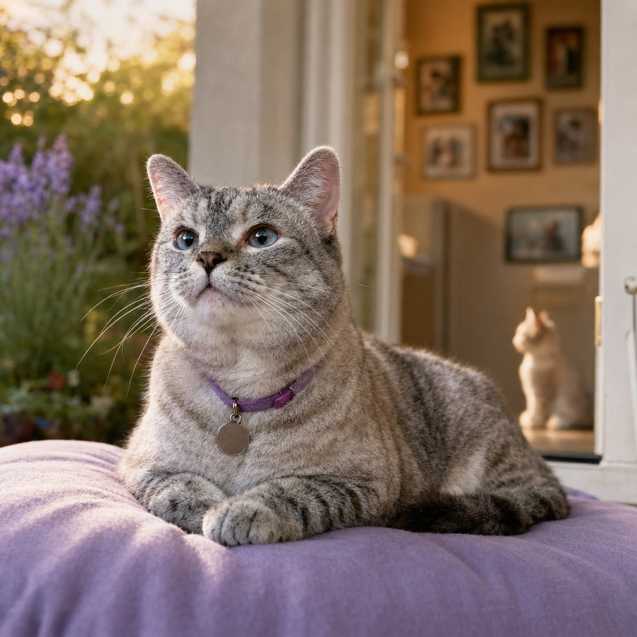 Nala Cat resting on a lavender cushion in a doorway at golden hour, with flowering lavender outside and a wall of framed photographs indoors behind her.